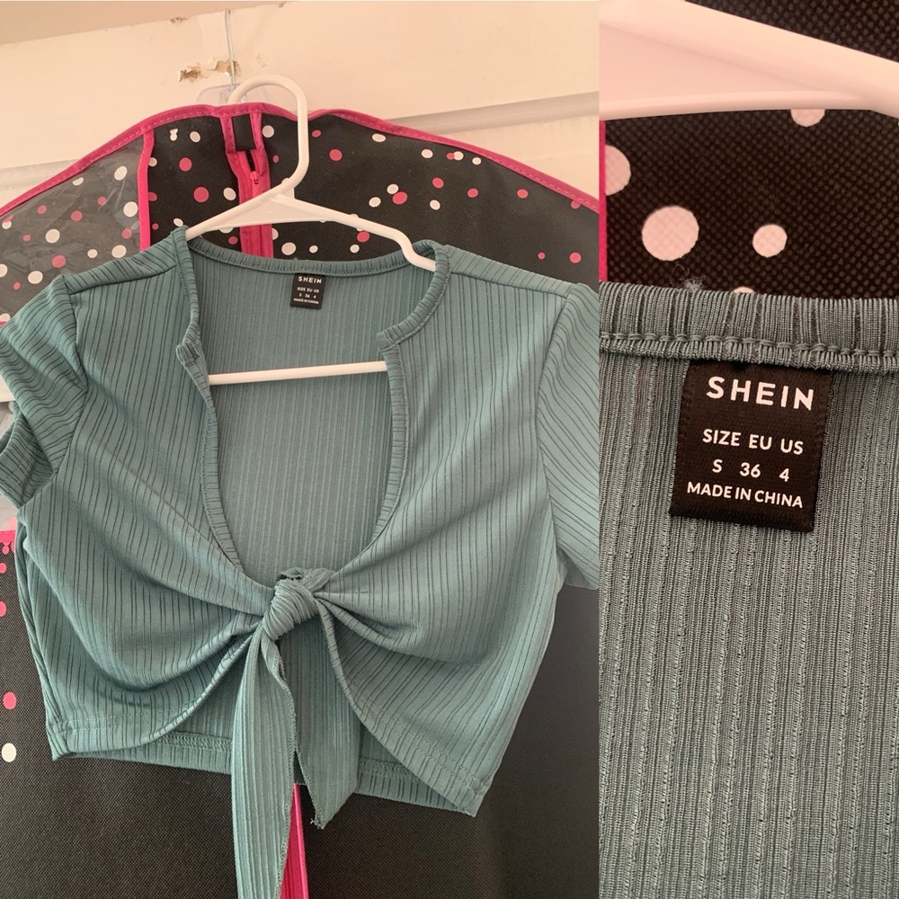 SHEIN Blue Ribbed Tie-Front Blouse